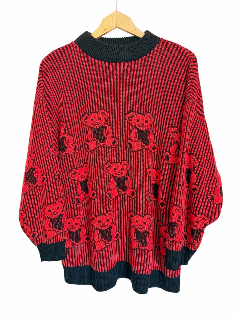 Vintage Adele Knitwear Smiling Teddy Bear Red & Black Stripe Sweater size L-XL